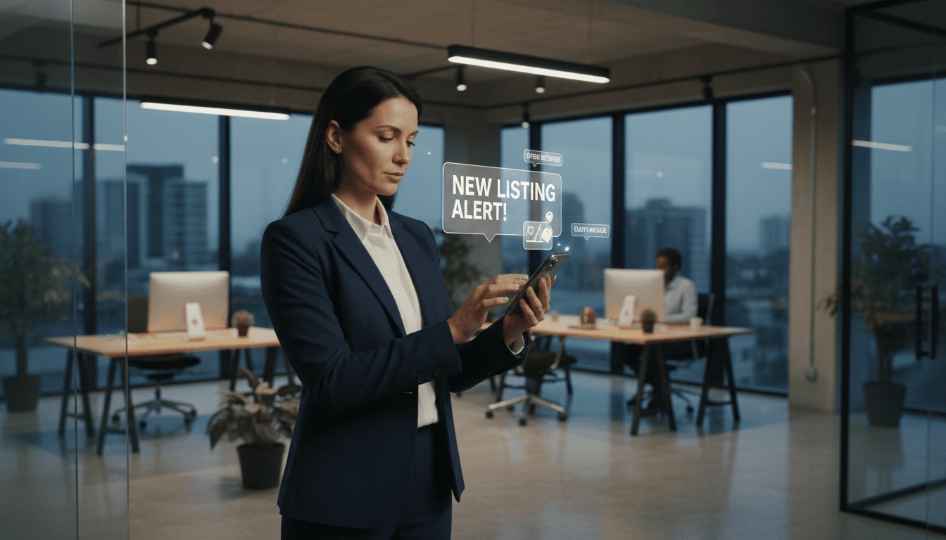 professional real estate agent looking at smartphone with notifications in modern office