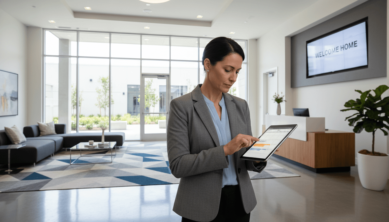property manager checking schedule on tablet in modern apartment building lobby