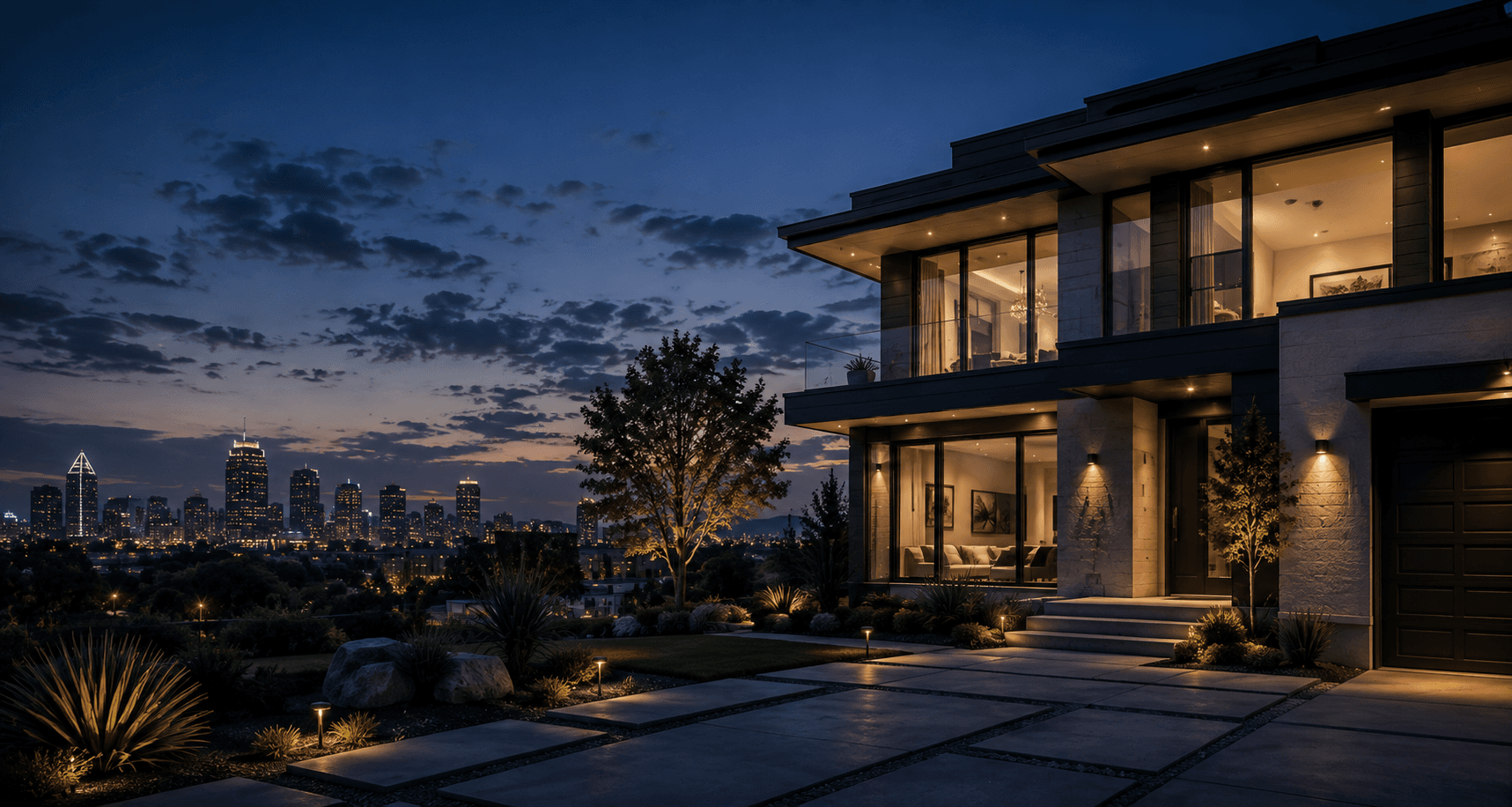 Modern luxury home with glowing windows overlooking a city skyline at twilight with landscaped driveway.