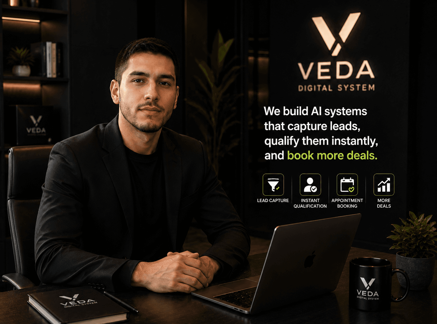 Professional man at a desk promoting Veda Digital System's AI lead generation and booking services.