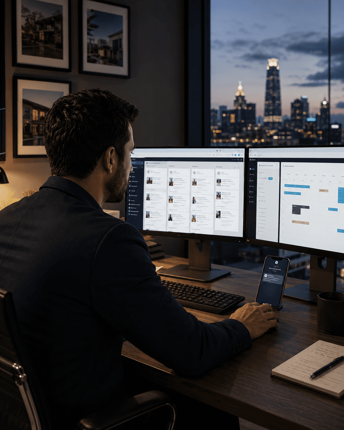 Man working at a desk with dual monitors overlooking a glowing city skyline at night.