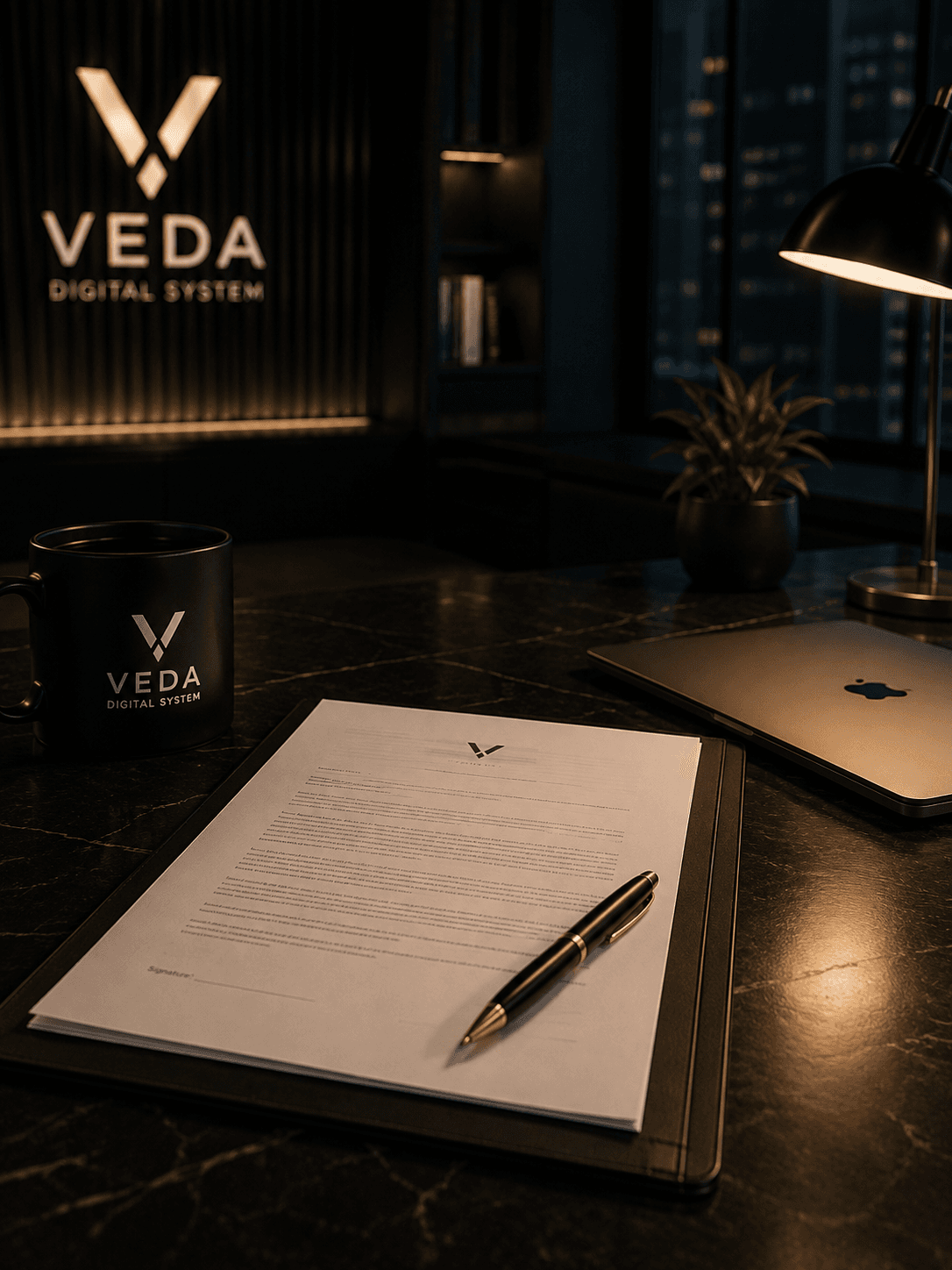Modern dark office desk featuring a document, pen, and glowing VEDA DIGITAL SYSTEM logo.