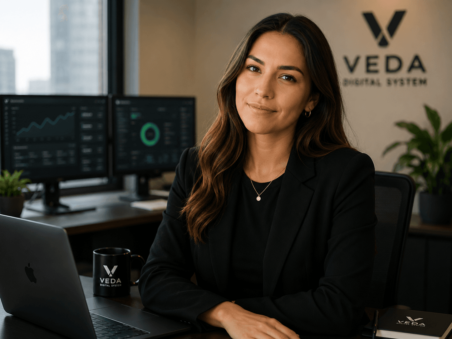 Professional woman in a black blazer at a desk with Veda Digital System branding.