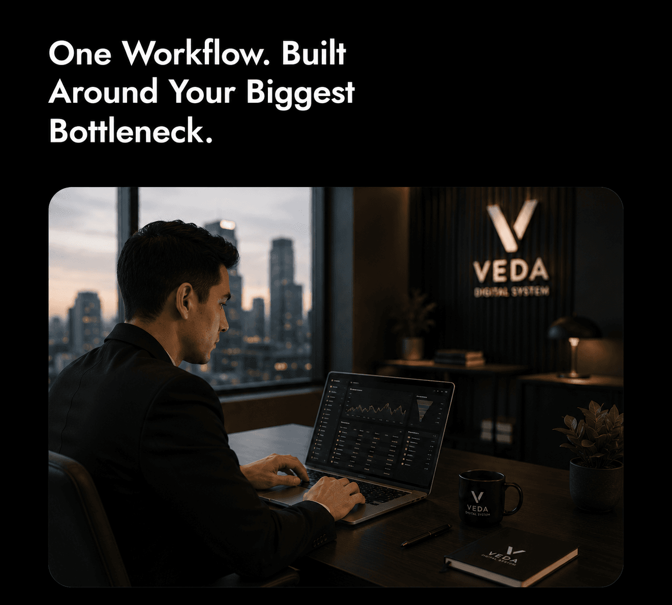 Professional man analyzes data on a laptop in a modern office at night.