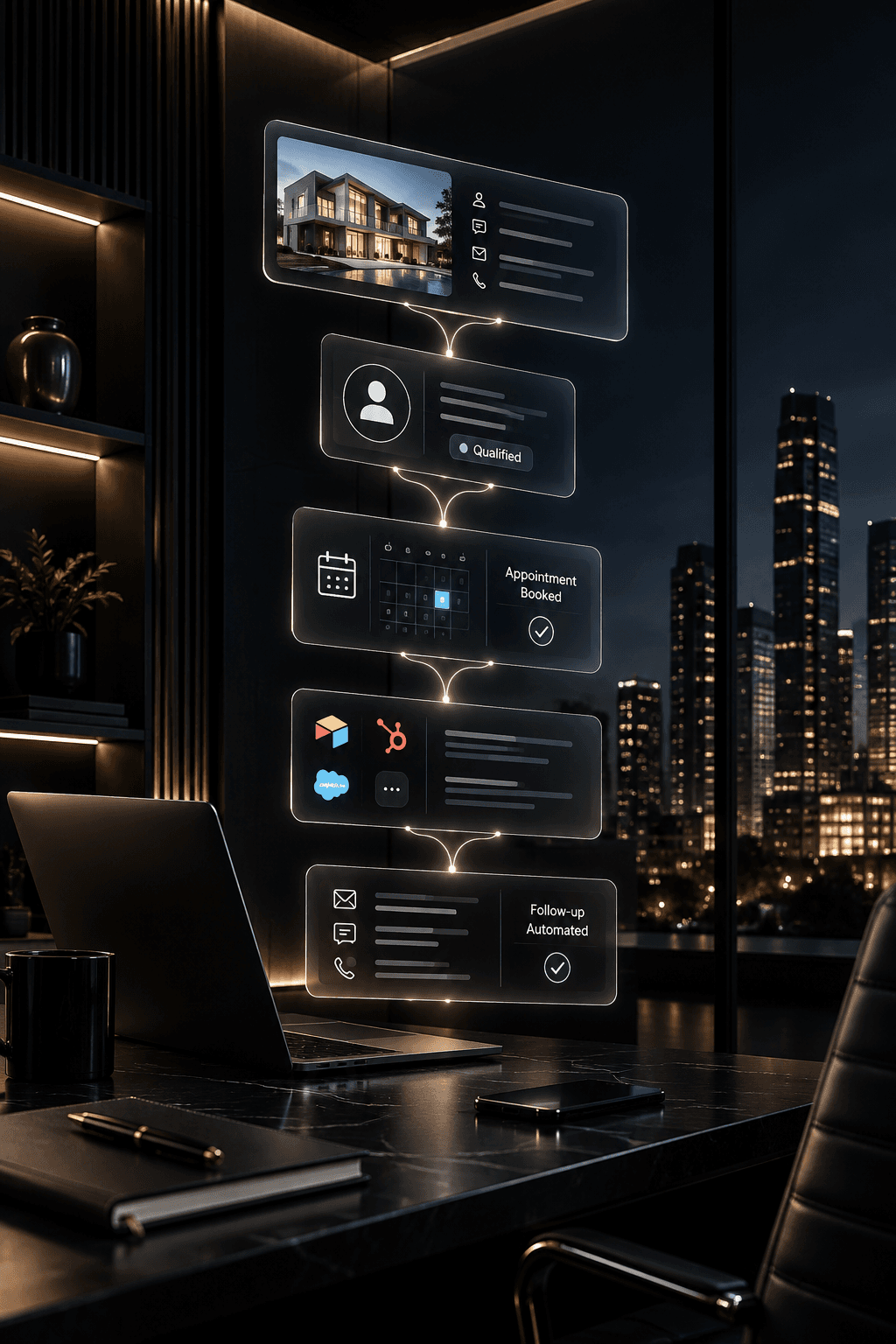 Holographic real estate sales funnel floating above a laptop in a luxury office at night.